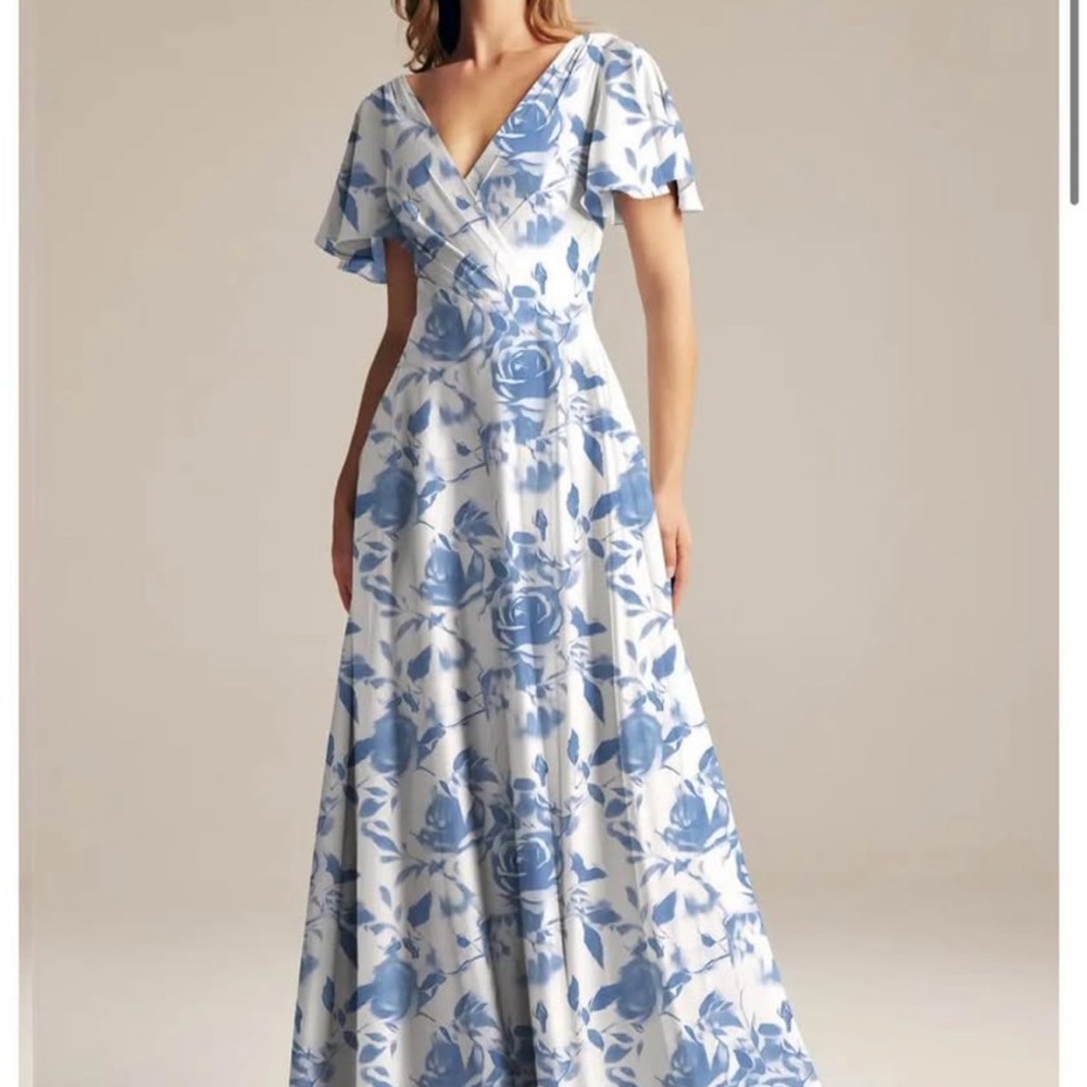 AW Bridal Furst Dress A-line Maxi Dress with Flutter Sleeves and V-neck